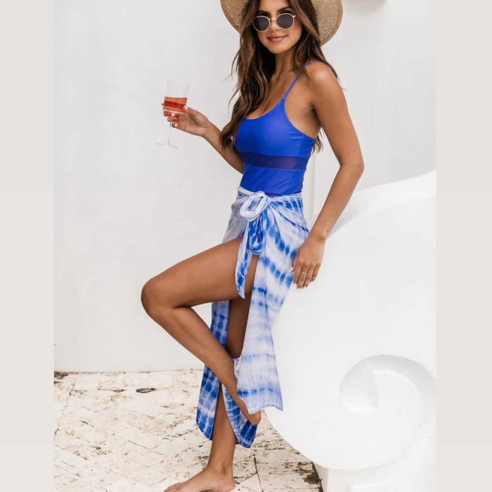 Blue tie dye pink lily swimsuit coverup sarong